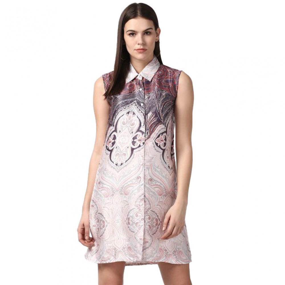 Indoraa Women's Polyester Printed Sleeveless Above Knee Dress (Orange)