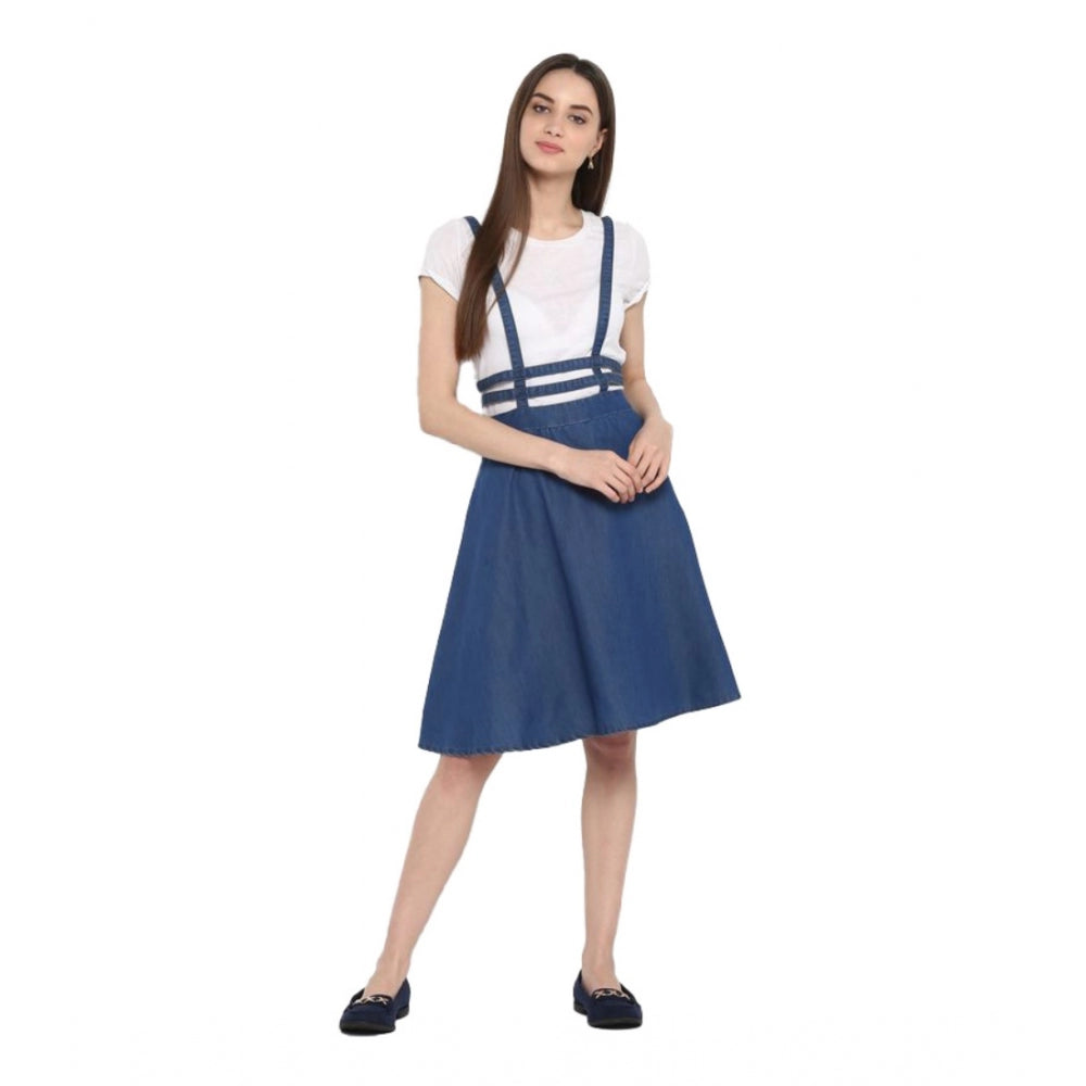 Indoraa Women's Denim Solid Shoulder Straps Below Knee Dress (Blue)