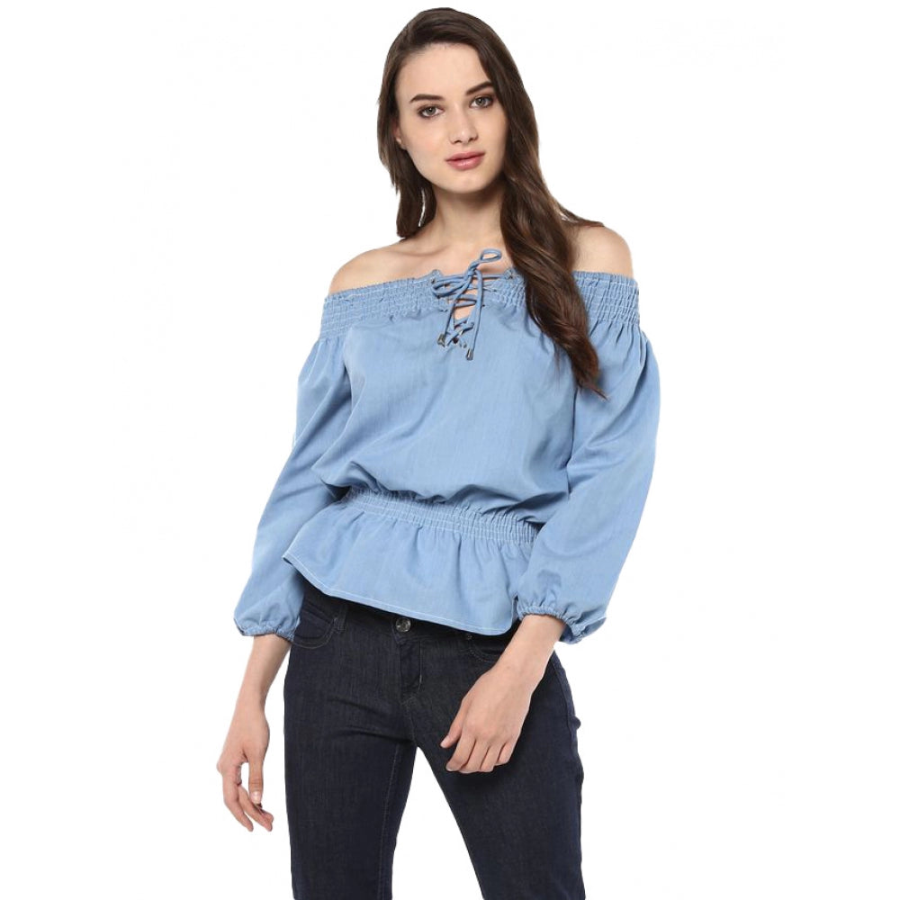 Indoraa Women's Denim Solid 3-4th Sleeves Regular Top (Blue)