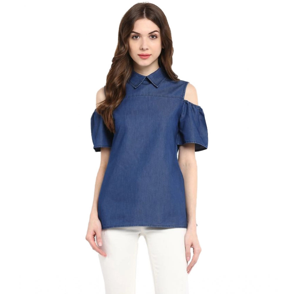 Indoraa Women's Denim Solid Cold Shoulder Regular Top (Blue)