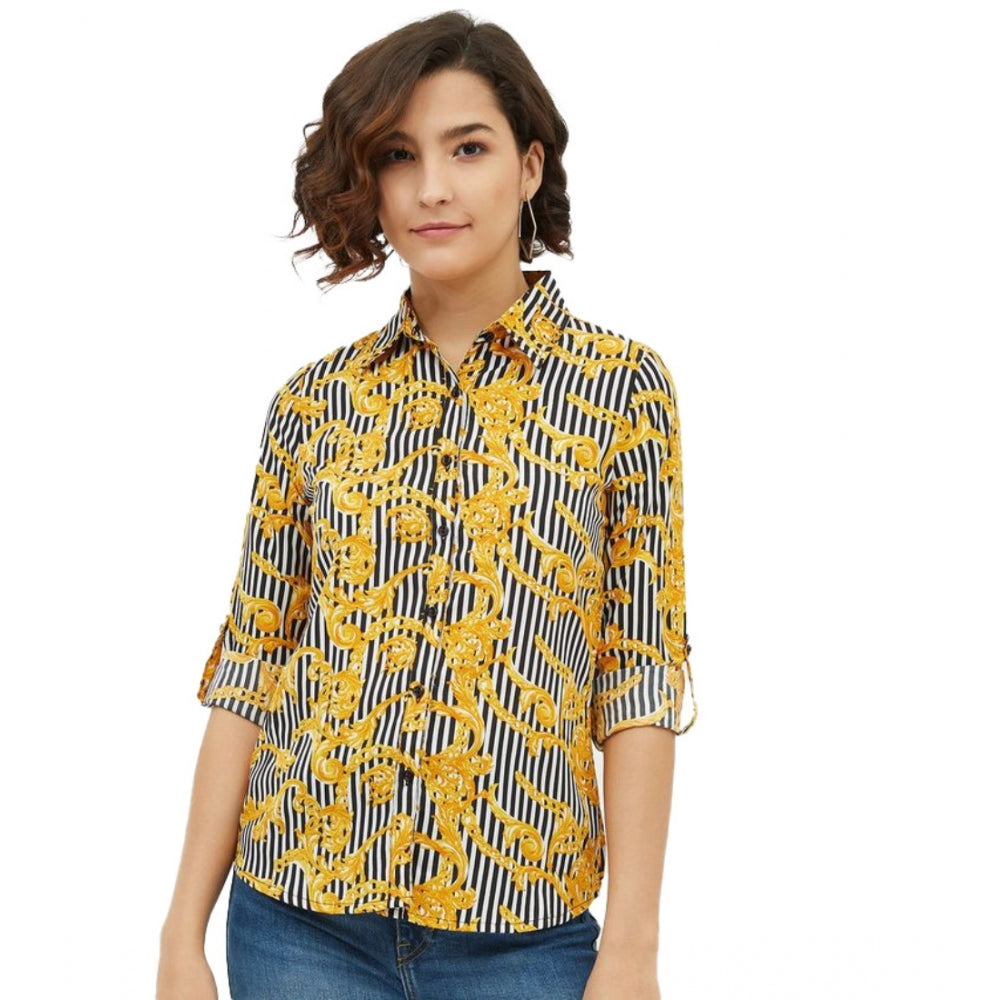 Indoraa Women's Polyester Printed Roll Up Sleeve Standard Length Shirt (Mustared)