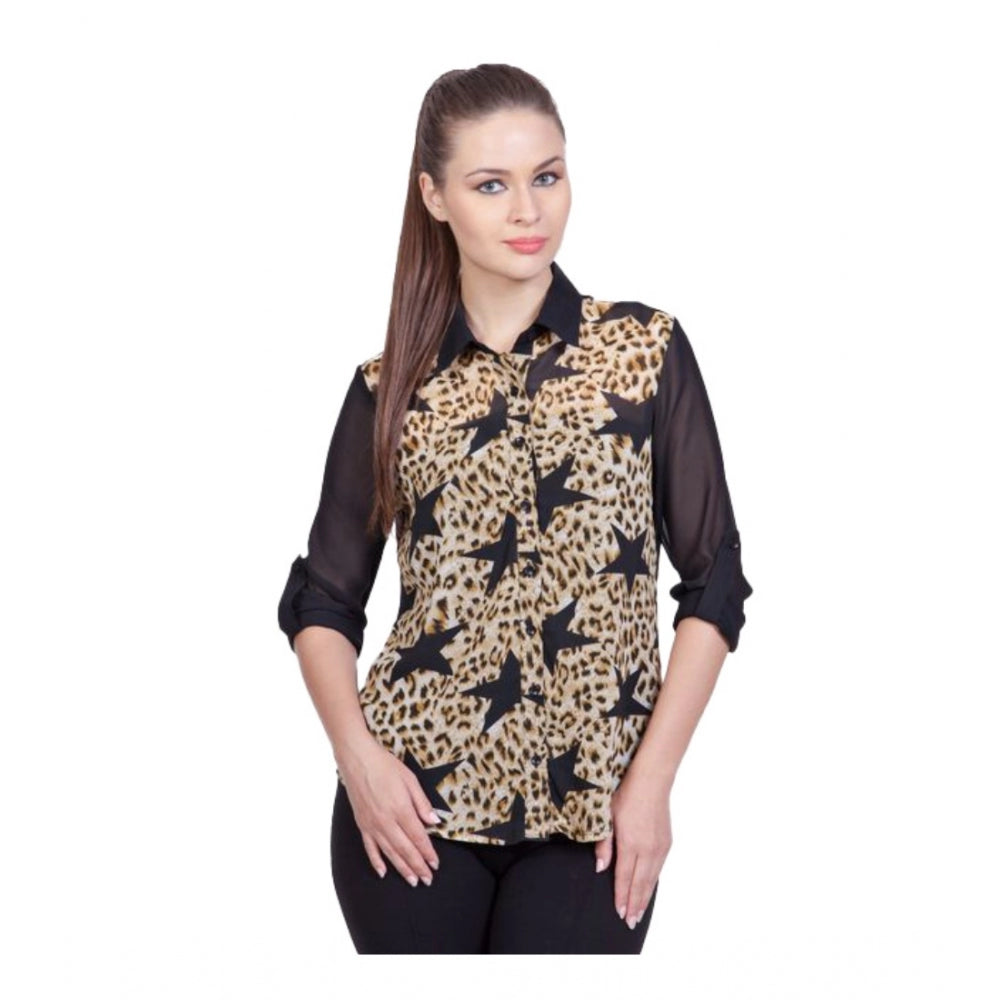 Indoraa Women's Polyester Printed Roll Up Sleeve Standard Length Shirt (Black)