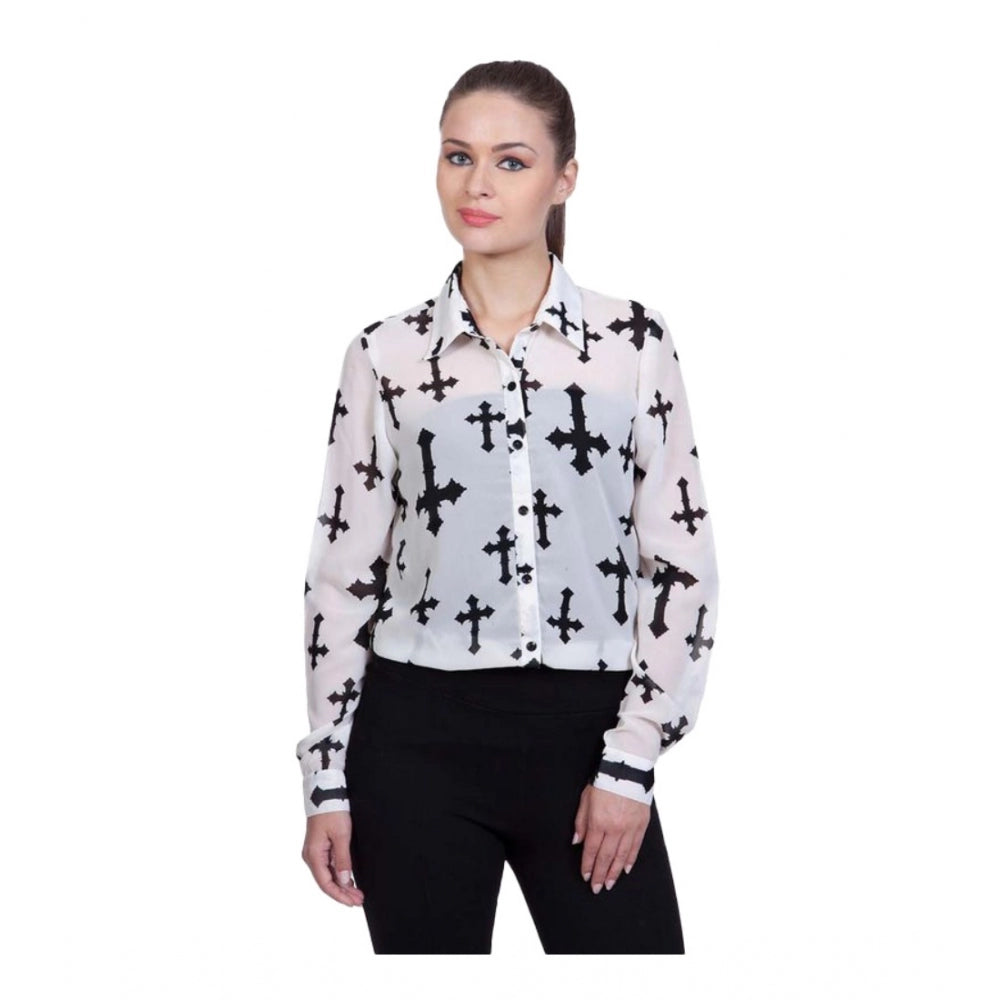 Indoraa Women's Polyester Printed Long Sleeves Standard Length Shirt (White)