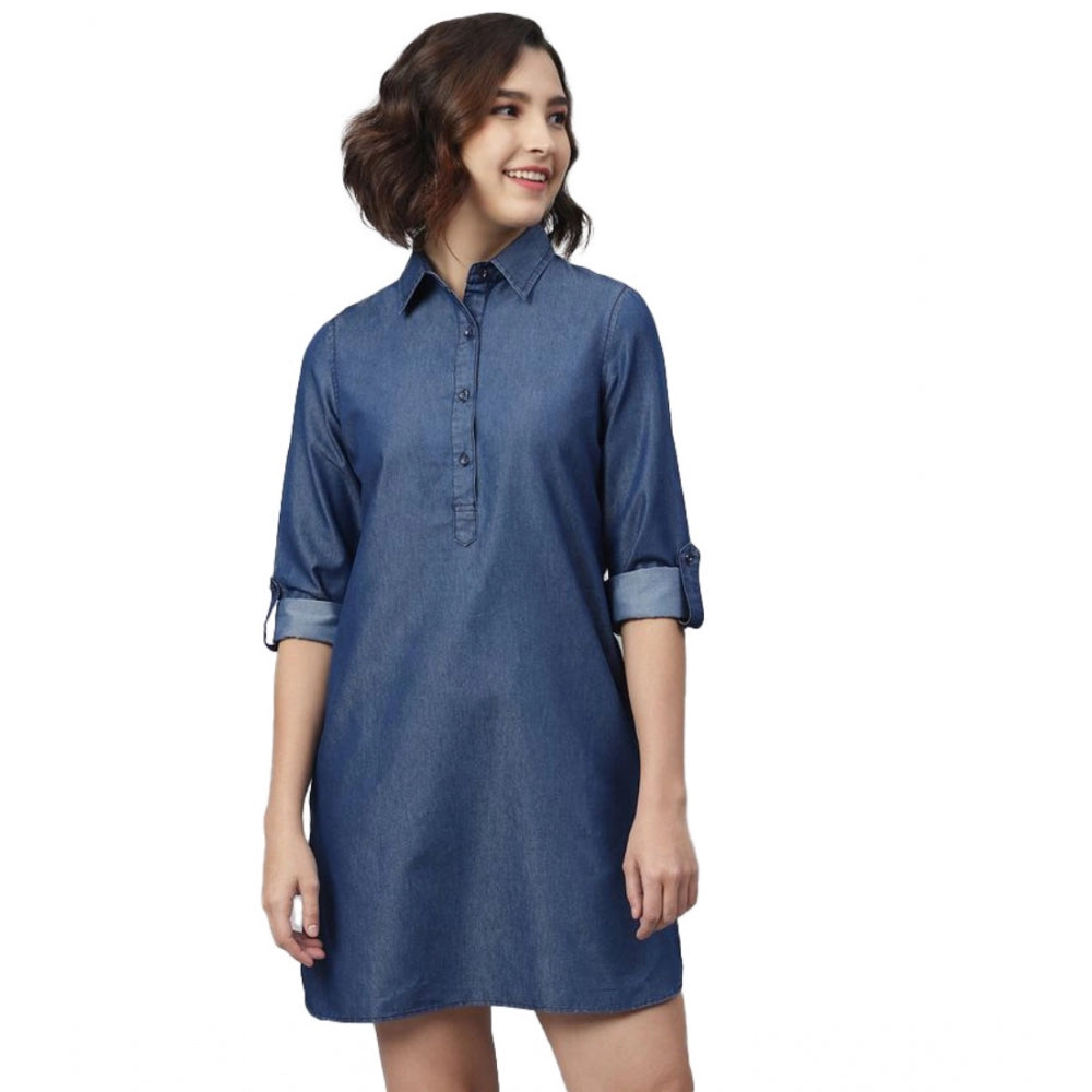 Indoraa Women's Denim Solid Long Sleeves Above Knee Dress (Navy Blue)