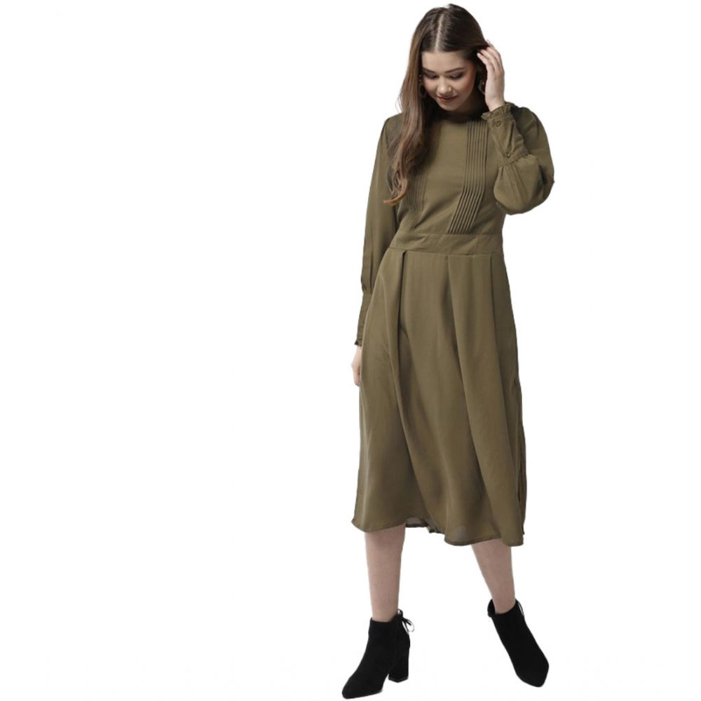 Indoraa Women's Polyester Pintuck Long Sleeves Below Knee Dress (Olive)