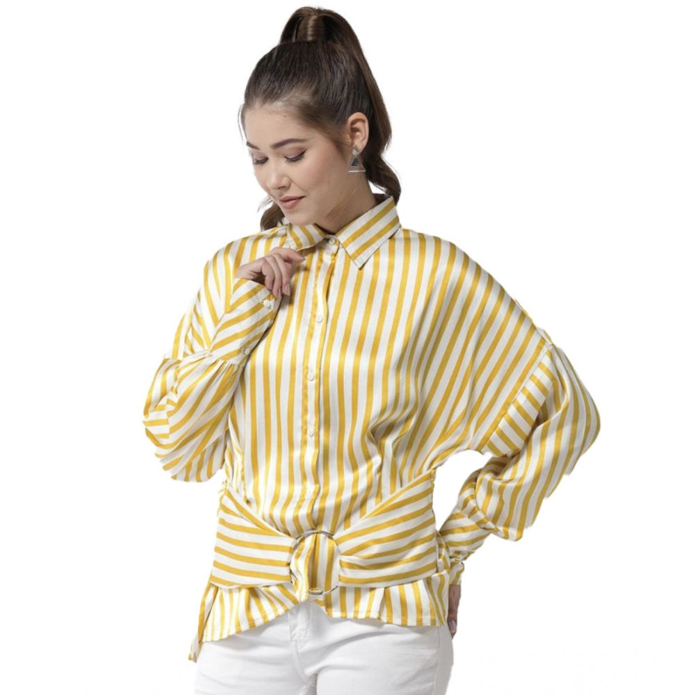 Indoraa Women's Polyester Striped Long Sleeves Top (Yellow)