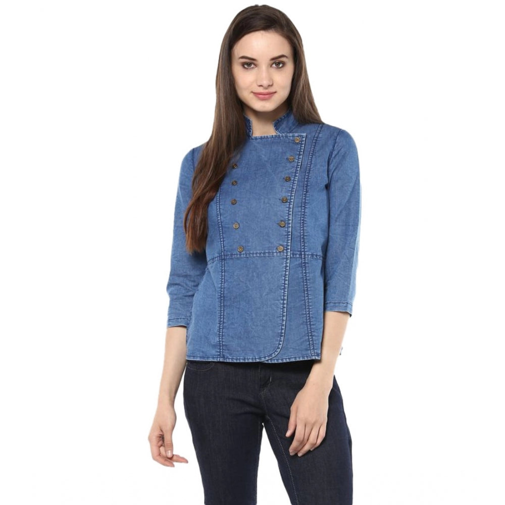 Indoraa Women's Denim Solid 3-4th Sleeves Regular Top (Blue)