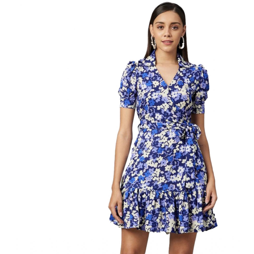 Indoraa Women's Polyester Floral Short Sleeve Above Knee Dress (Blue - Purple)