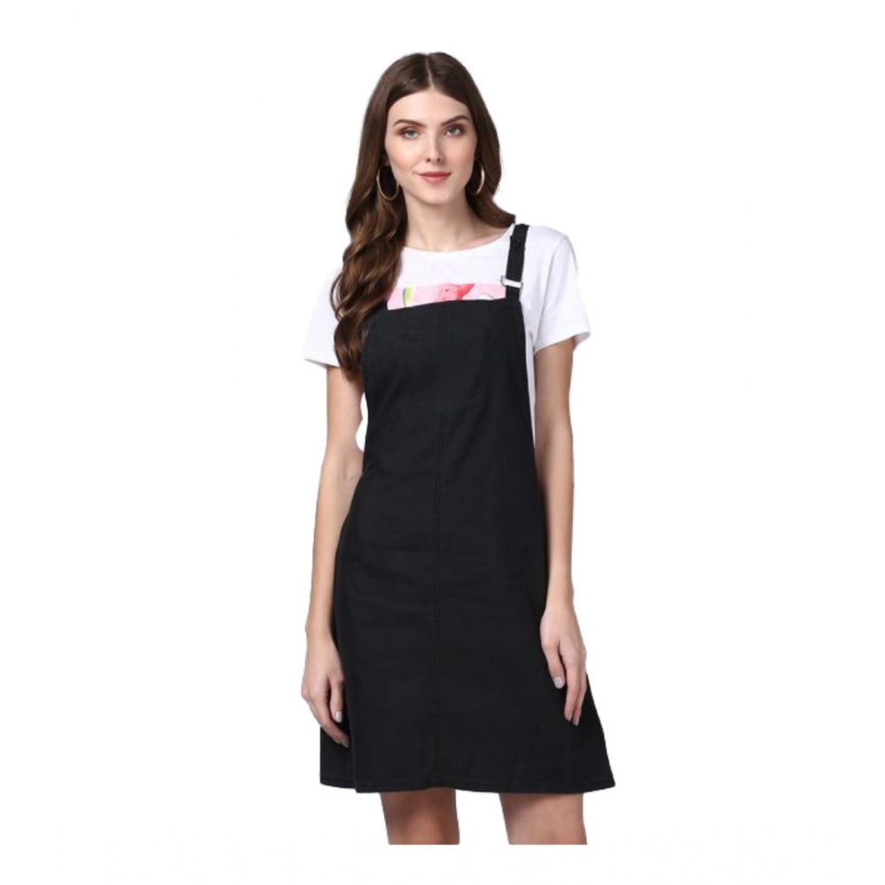 Indoraa Women's Denim Solid Shoulder Straps Above Knee Dungaree (Black)