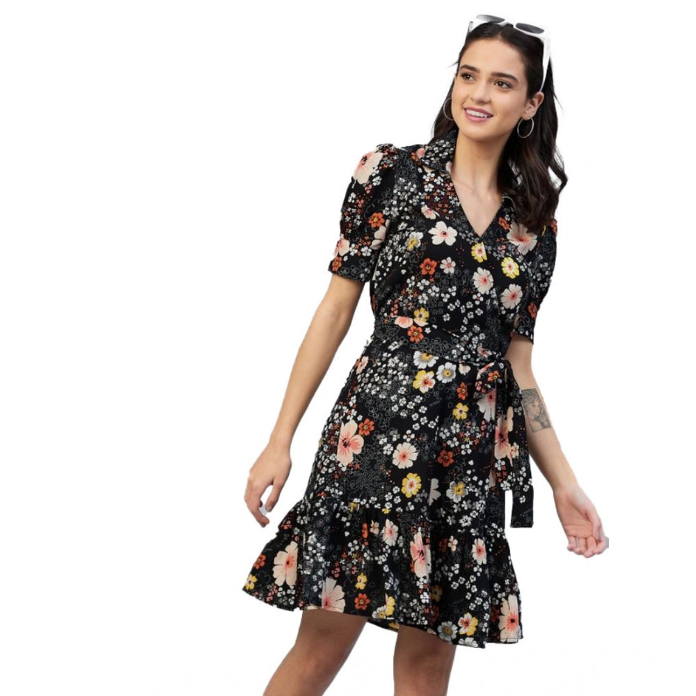 Indoraa Women's Polyester Floral Short Sleeve Above Knee Dress (Black)