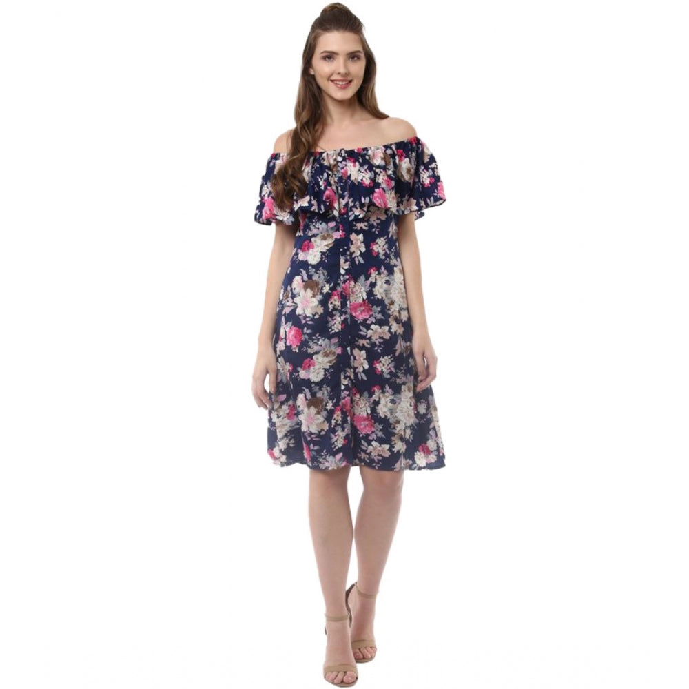 Indoraa Women's Polyester Crepe Floral Half Sleeve Above Knee Dress (Navy Blue)