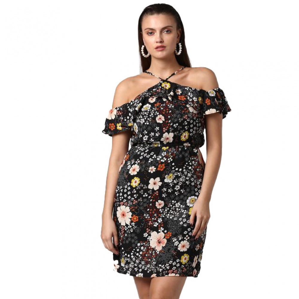 Indoraa Women's Polyester Floral Cold Shoulder Above Knee Dress (Black)