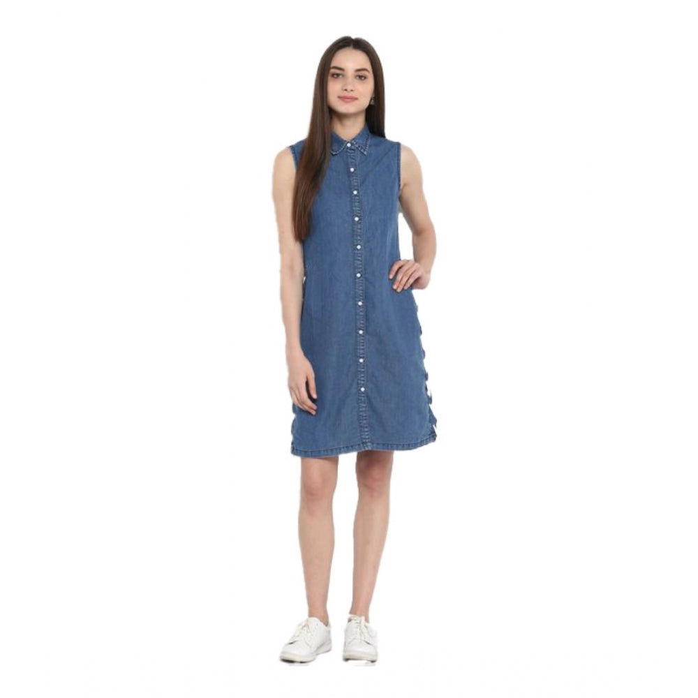 Indoraa Women's Denim Solid Sleeveless Above Knee Dress (Blue)
