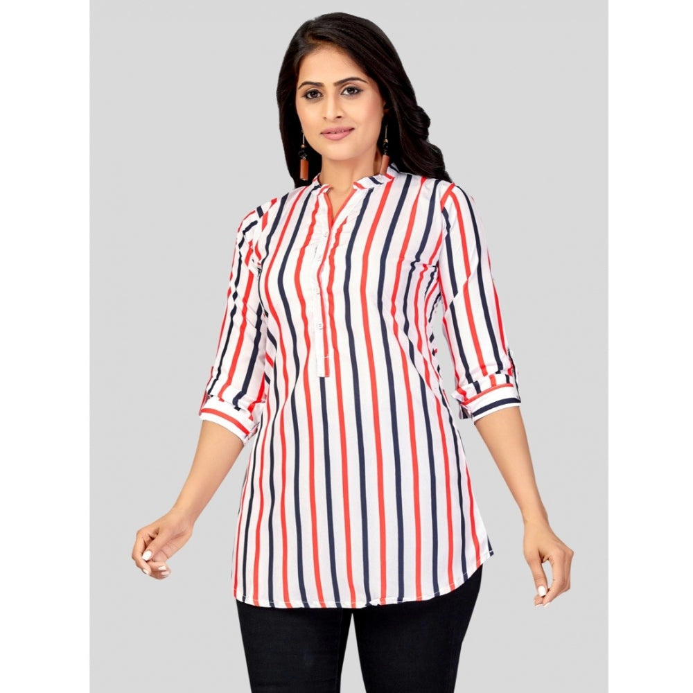 Indoraa Women's Poly Crepe Mandarin Collar 3/4 Sleeves Short Top (White)