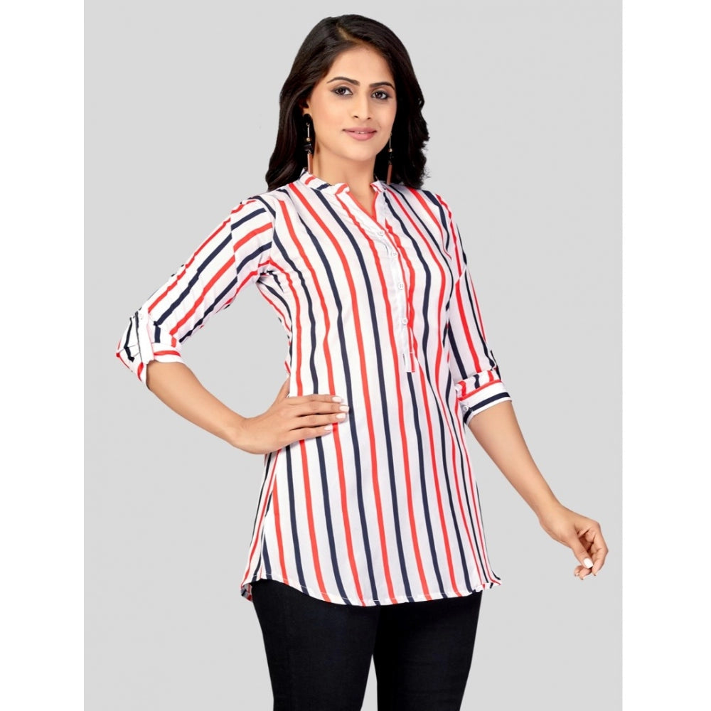 Indoraa Women's Poly Crepe Mandarin Collar 3/4 Sleeves Short Top (White)