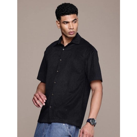 Indoraa Men's Cotton Blend Solid Half-Sleeve Regular Shirt (Black)