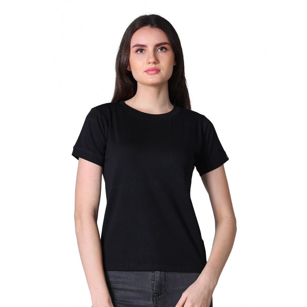 Indoraa Women's Cotton Blended Solid Round Neck Half Sleeve T-Shirt (Black)