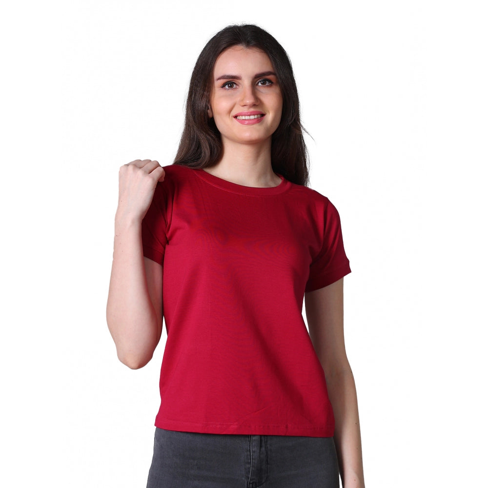 Indoraa Women's Cotton Blended Solid Round Neck Half Sleeve T-Shirt (Maroon)