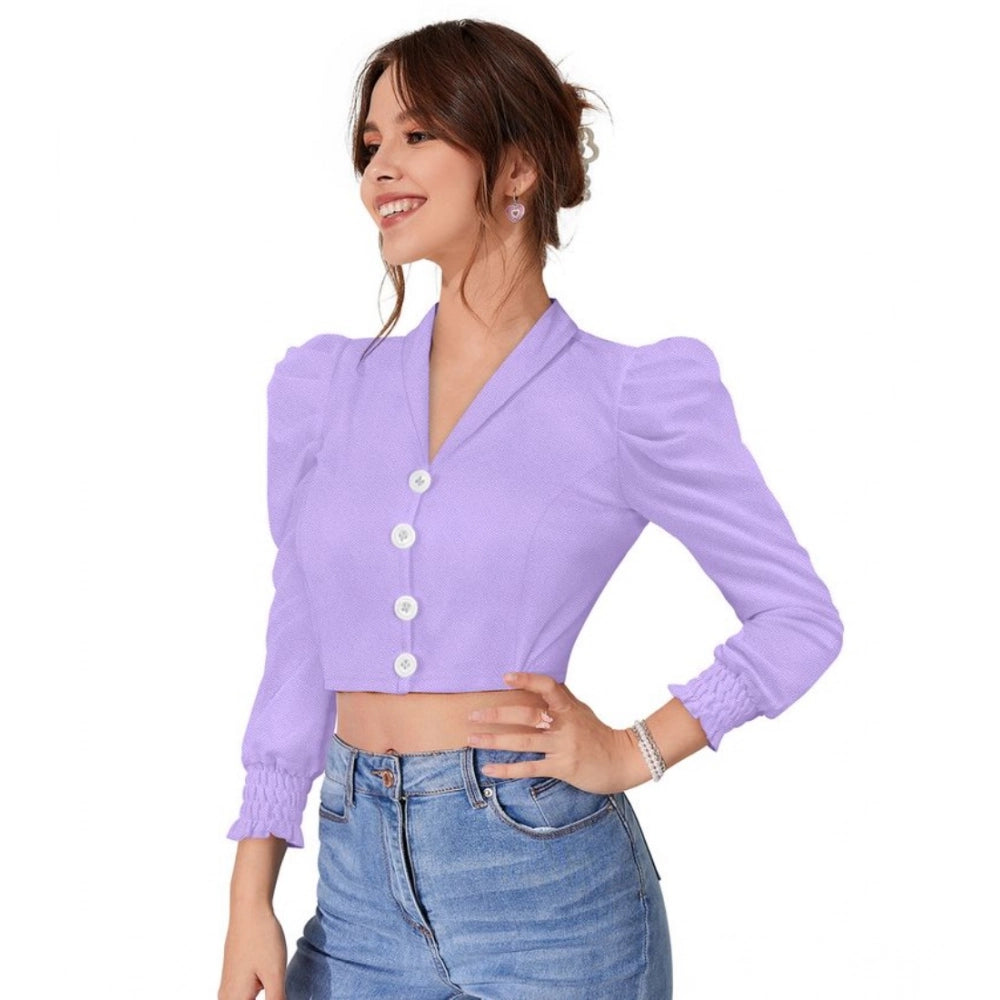 Indoraa Women's Polyester Solid Puff Sleeves Lapel Collar Top (Purple)