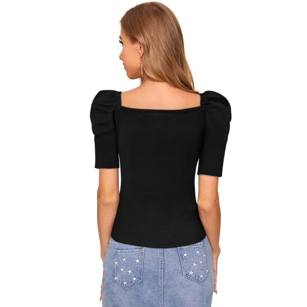 Indoraa Women's Polyester Solid Puff Short Sleeves Sweetheart Neck Top (Black)