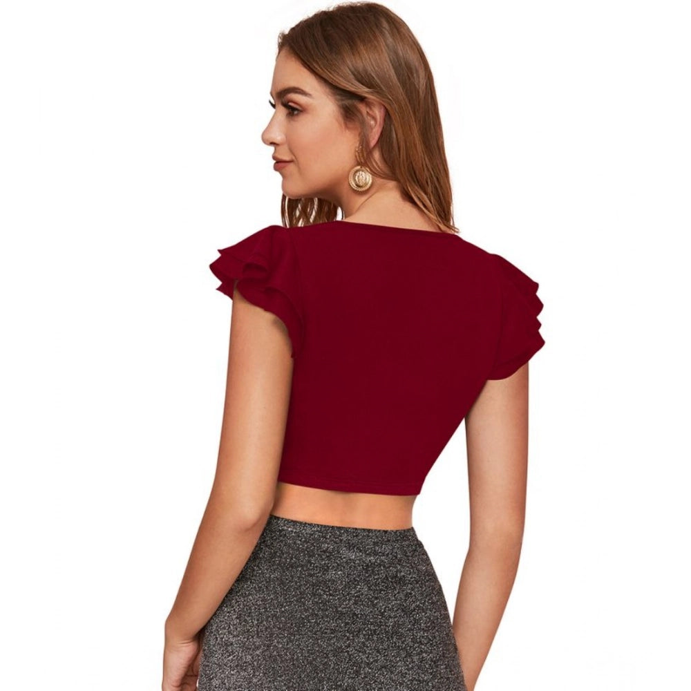 Indoraa Women's Polyester Solid Short Sleeves V Neck Top (Maroon)