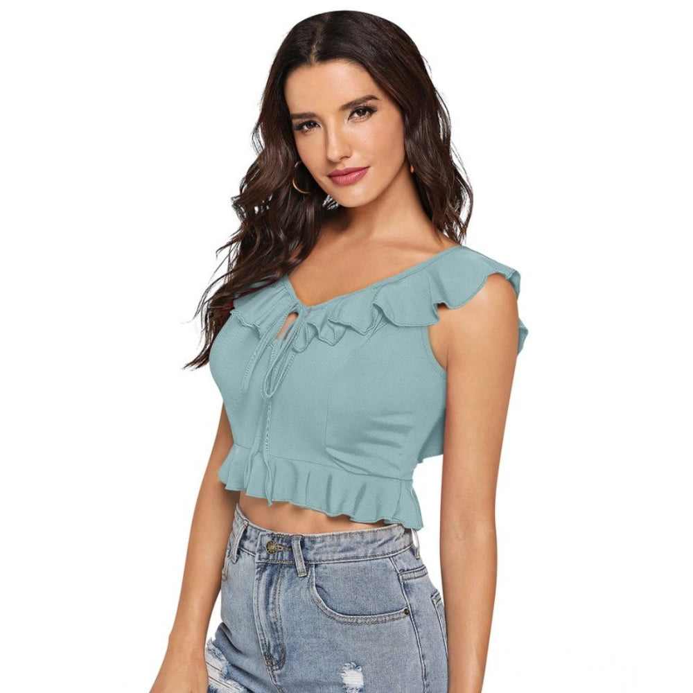 Indoraa Women's Polyester Solid Sleeveless Ruffle Neck Top (Pista)