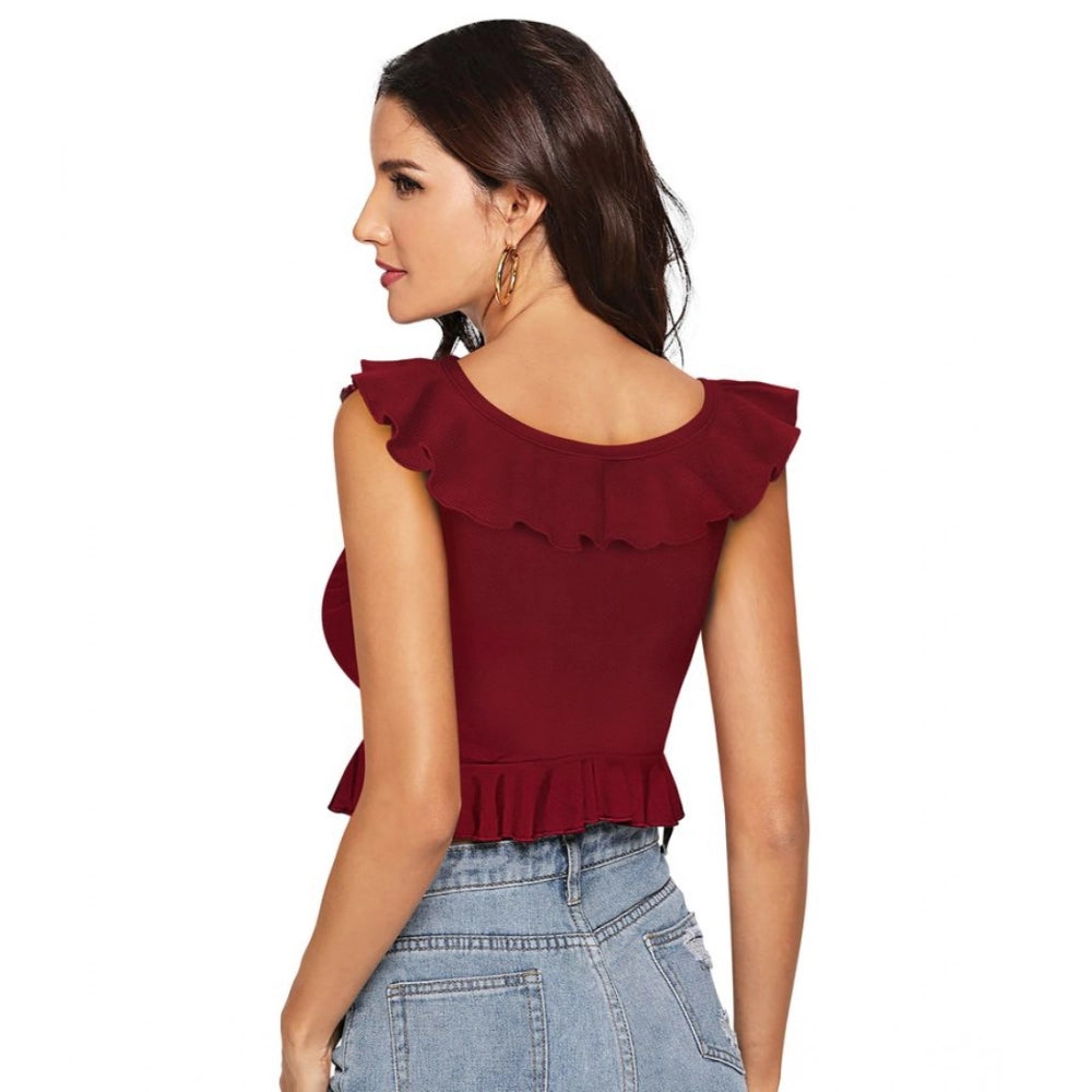 Indoraa Women's Polyester Solid Sleeveless Ruffle Neck Top (Maroon)