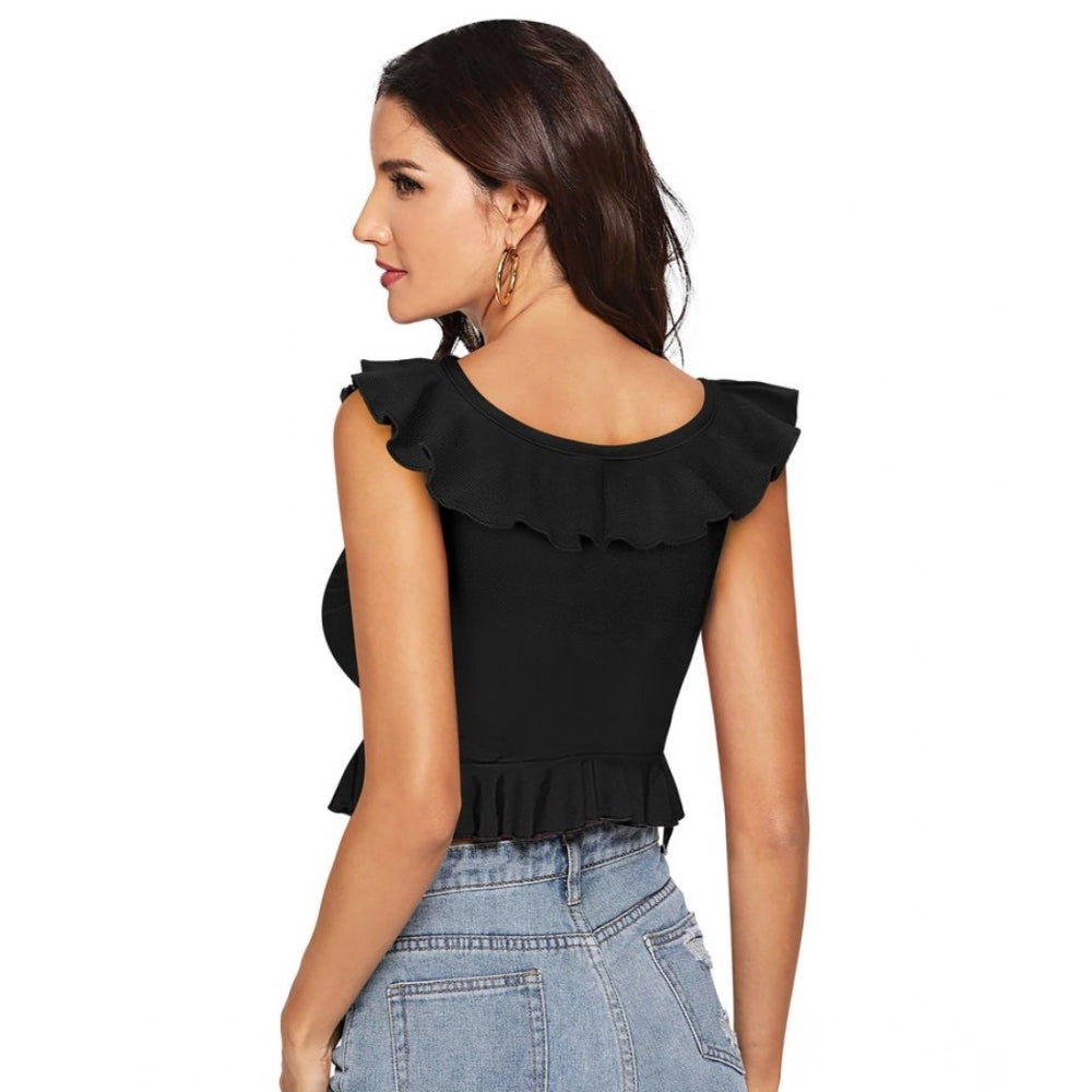 Indoraa Women's Polyester Solid Sleeveless Ruffle Neck Top (Black)