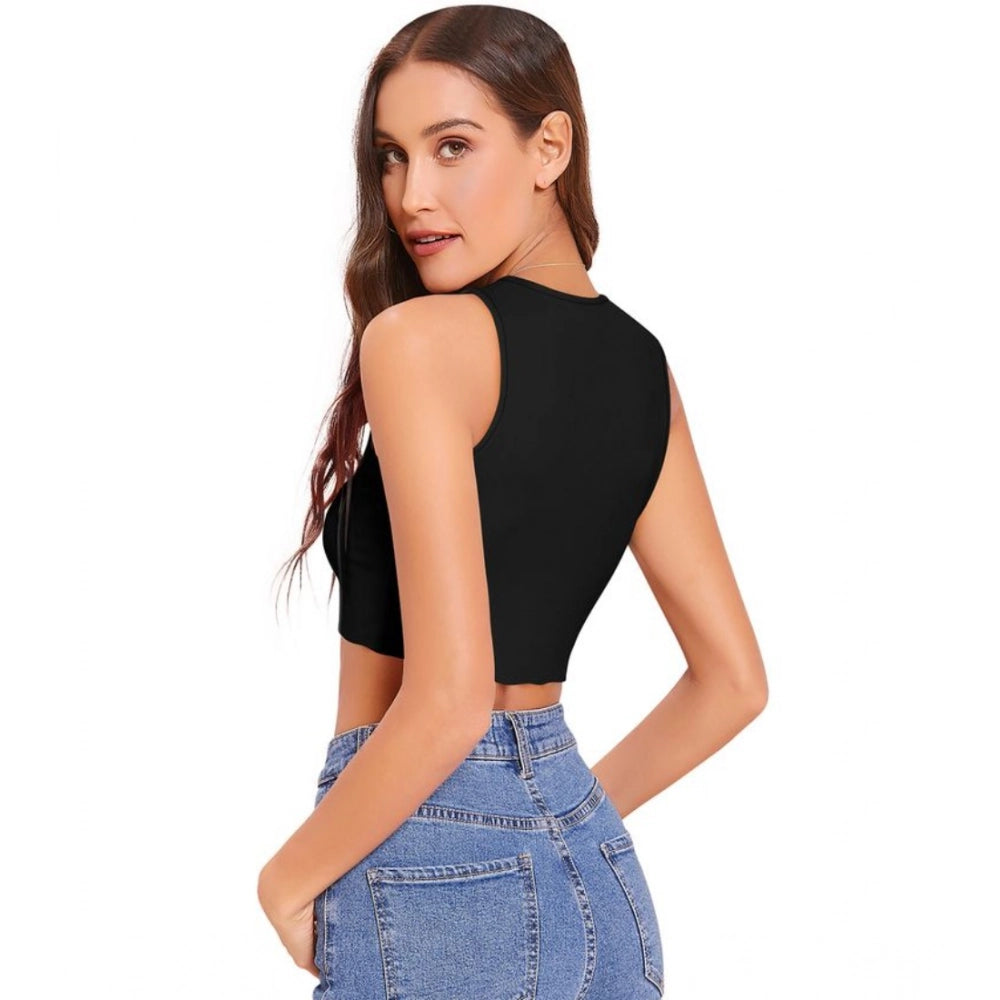 Indoraa Women's Polyester Solid Sleeveless Round Neck Top (Black)
