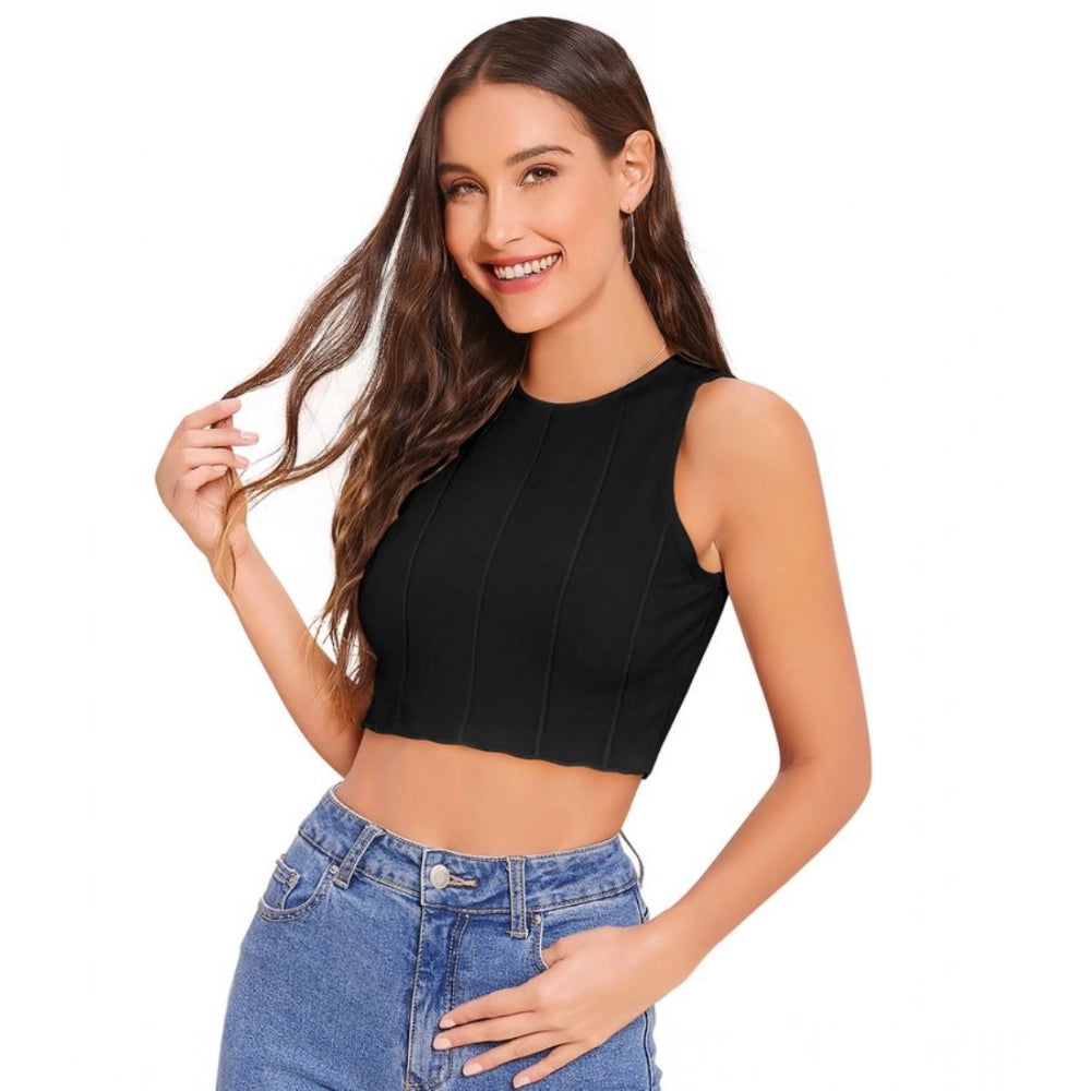 Indoraa Women's Polyester Solid Sleeveless Round Neck Top (Black)