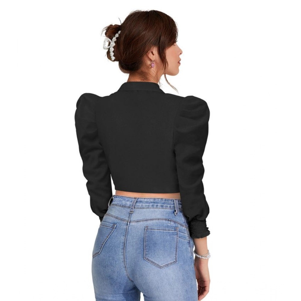 Indoraa Women's Polyester Solid Puff Sleeves Lapel Collar Top (Black)