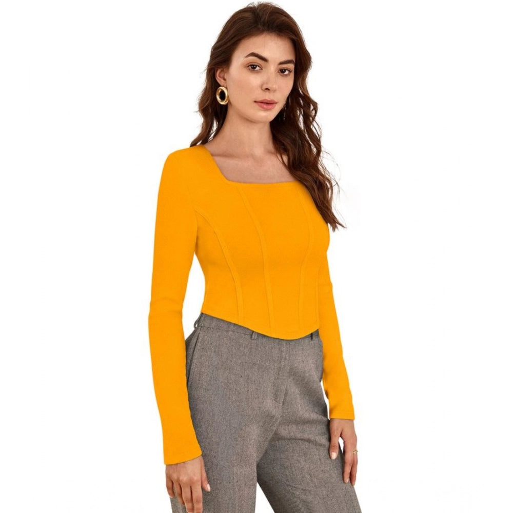 Indoraa Women's Polyester Solid Full Sleeves Square Neck Top (Yellow)