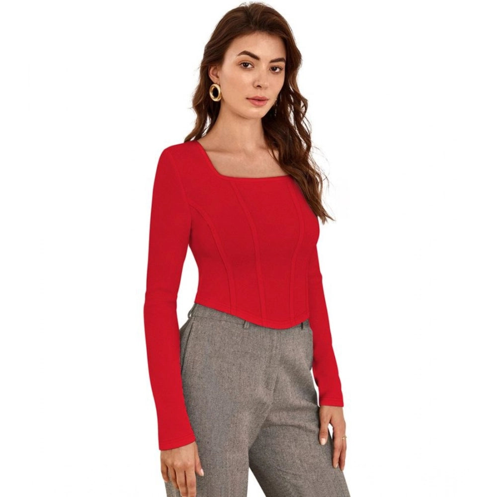 Indoraa Women's Polyester Solid Full Sleeves Square Neck Top (Red)