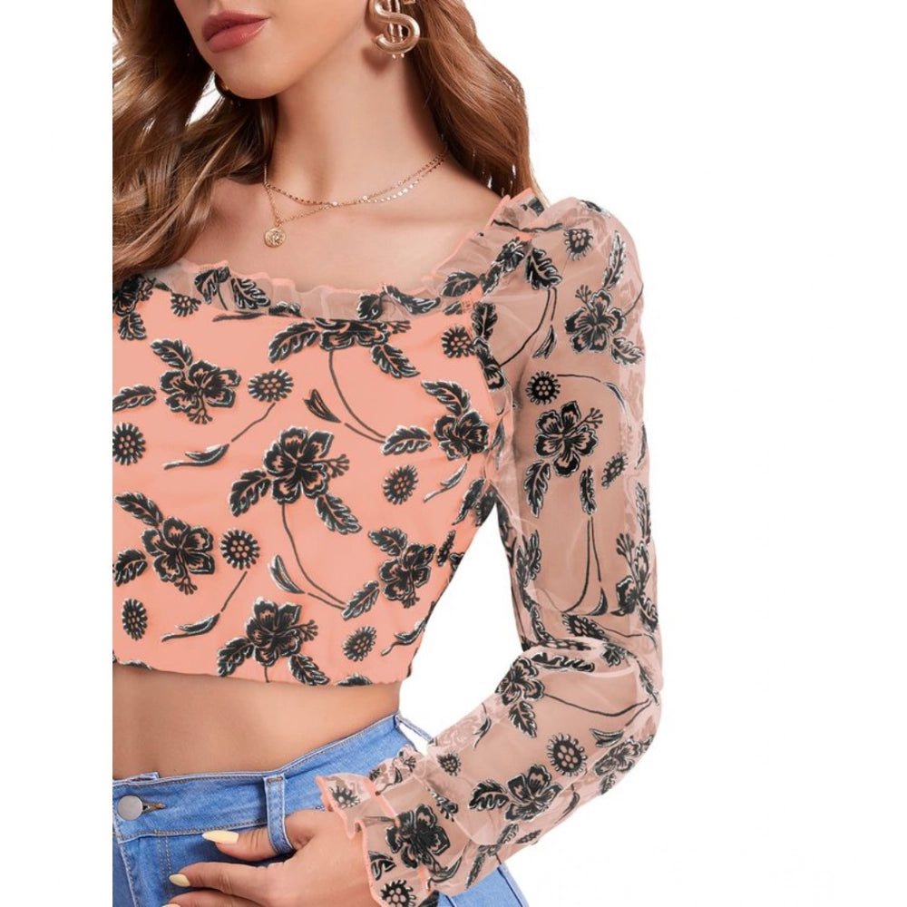 Indoraa Women's Polyester Solid Full Sleeves Square Collar Top (Peach)