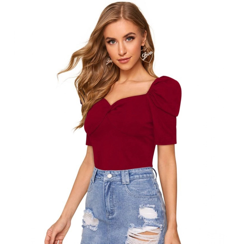 Indoraa Women's Polyester Solid Puff Short Sleeves Sweetheart Neck Top (Maroon)
