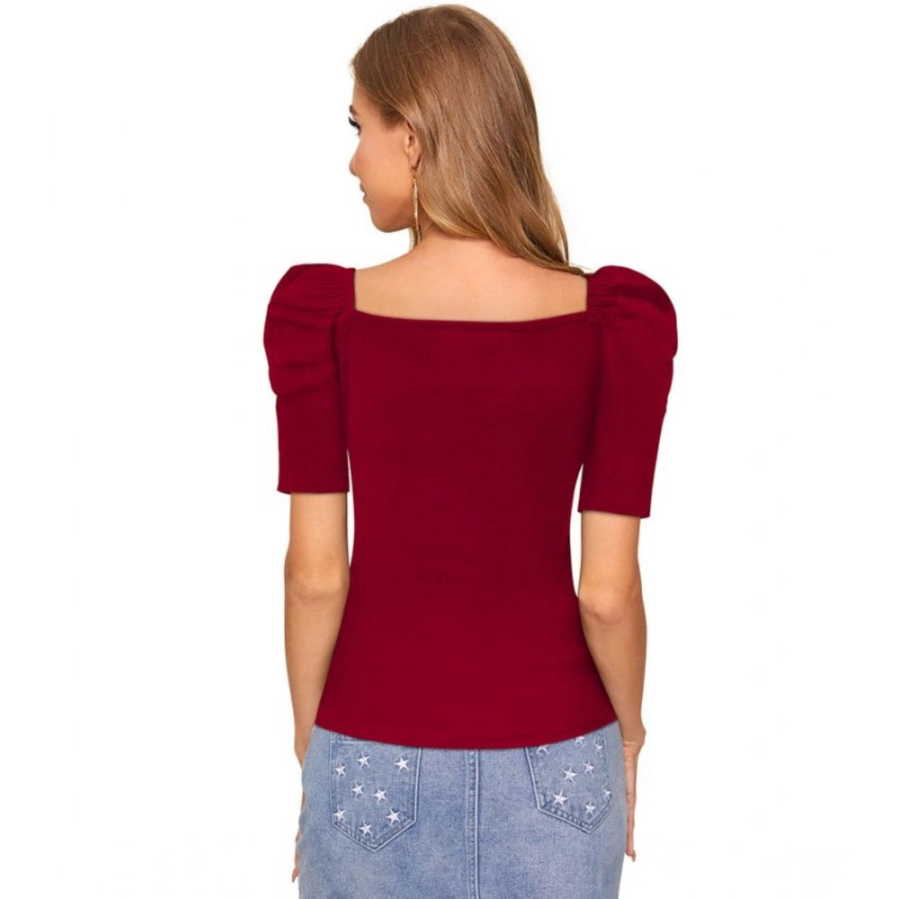 Indoraa Women's Polyester Solid Puff Short Sleeves Sweetheart Neck Top (Maroon)