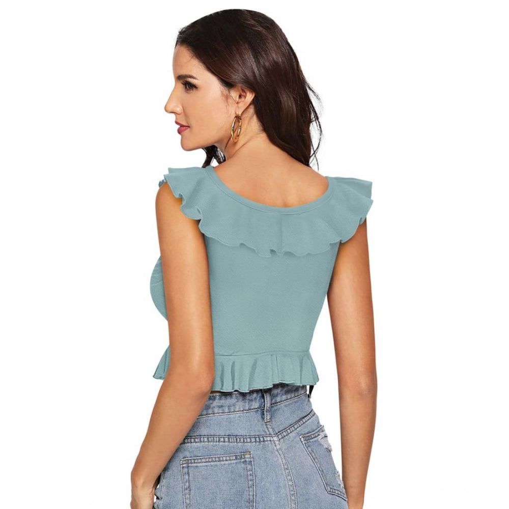 Indoraa Women's Polyester Solid Sleeveless Ruffle Neck Top (Pista)