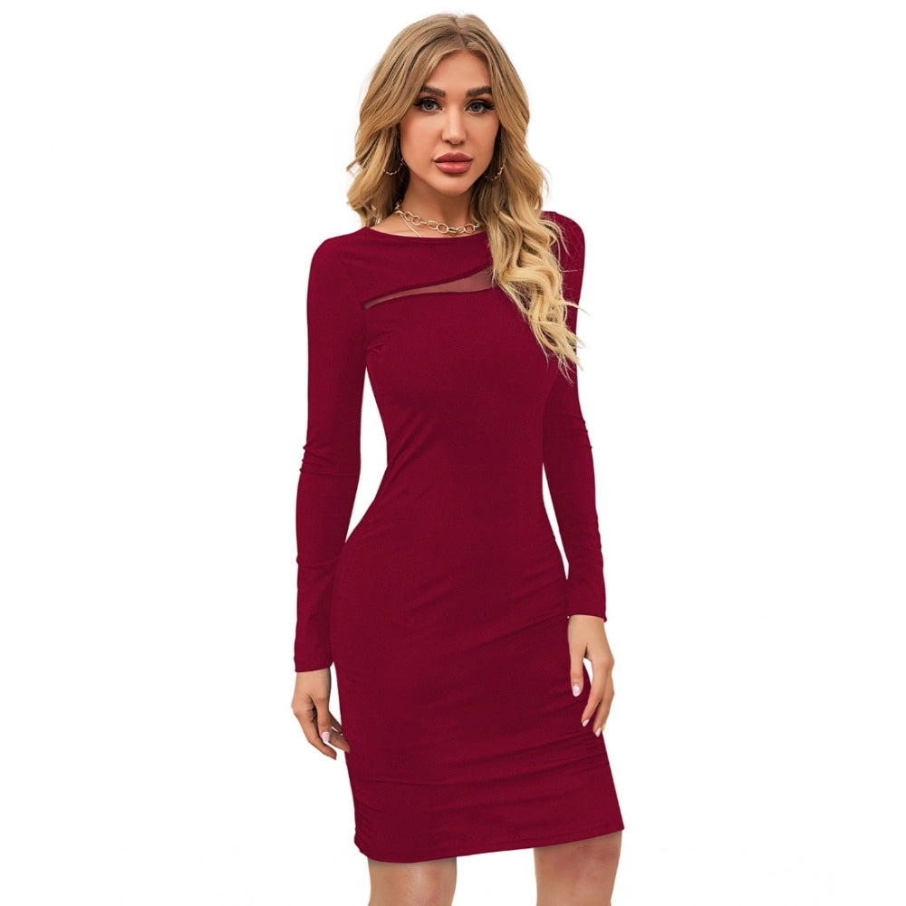 Indoraa Women's Knitting stretchable Solid Round Neck Full Sleeve Dress (Maroon)