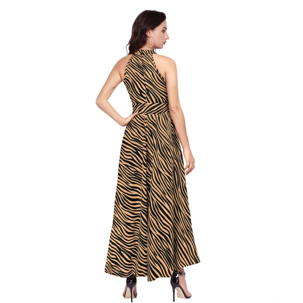 Indoraa Women's Polyester Zebra Pattern Halter Neck Sleeveless Dress (Yellow)