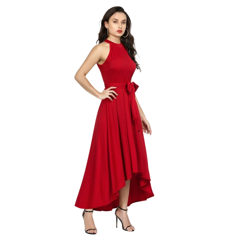 Indoraa Women's Polyster Solid Halter Neck Sleeveless Dress (Red)