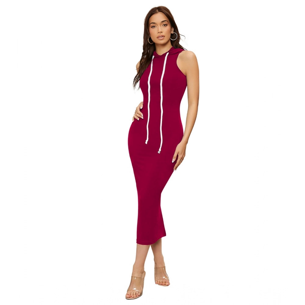 Indoraa Women's Knitting stretchable Solid Round Neck Sleeveless Dress (Maroon)