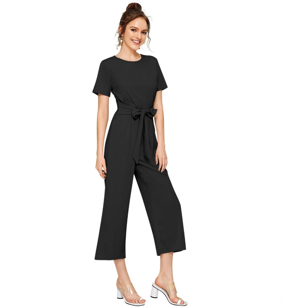 Indoraa Women's Knitting stretchable Solid Round Neck Cap Sleeve Jumpsuit (Black)