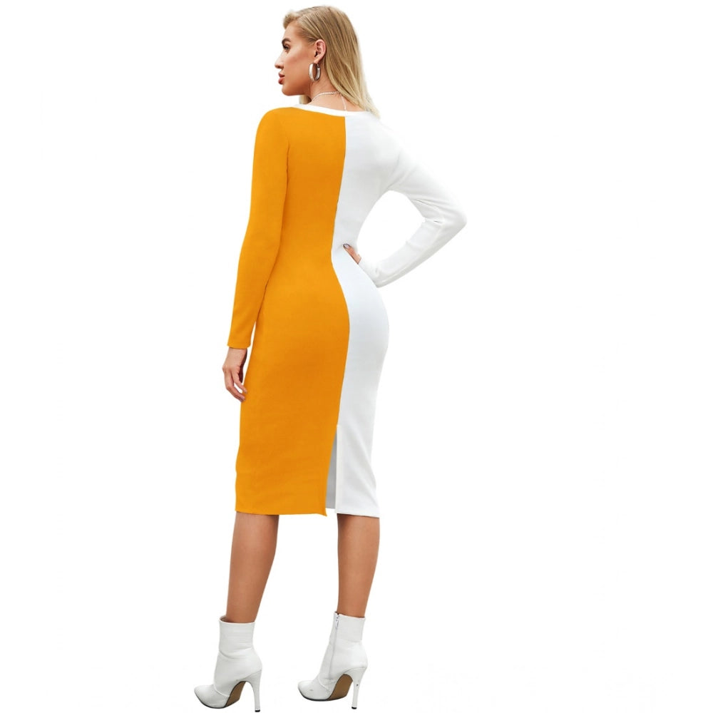 Indoraa Women's Knitting stretchable Solid Round Neck Full Sleeve Dress (Yellow)