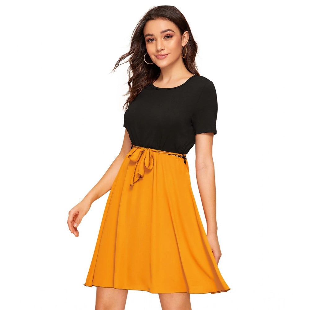 Indoraa Women's Knitting stretchable Solid Round Neck Cap Sleeve Dress (Yellow)