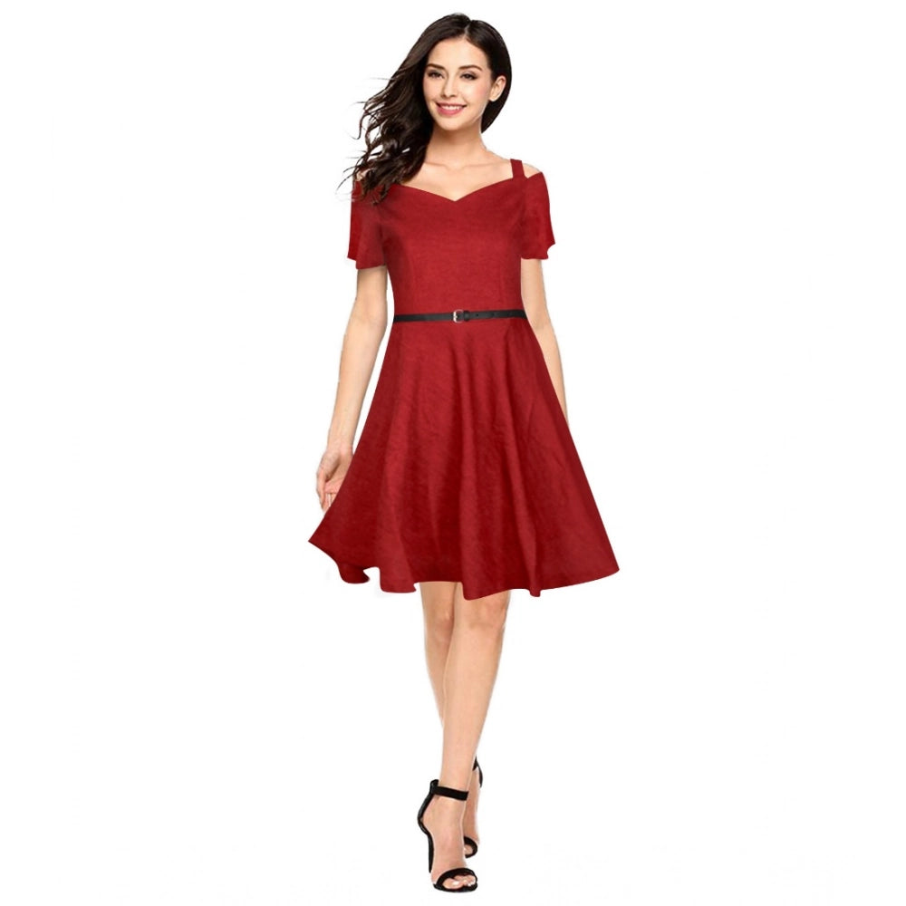 Indoraa Women's Polyester Solid V Neck Cap Sleeve Dress (Maroon)