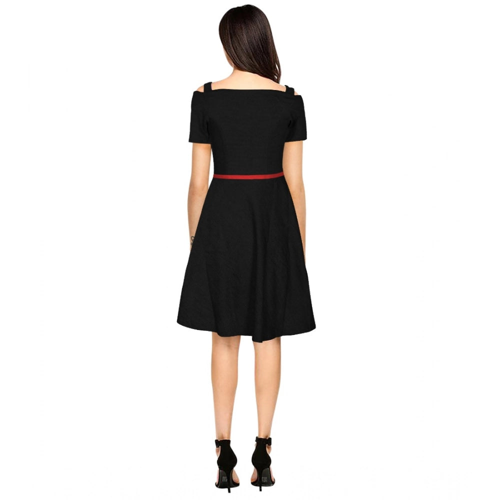 Indoraa Women's Polyester Solid V Neck Cap Sleeve Dress (Black)