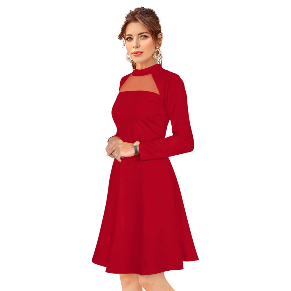 Indoraa Women's Knitting stretchable Solid Round Neck Full Sleeve Dress (Red)