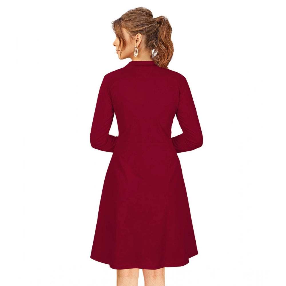 Indoraa Women's Knitting stretchable Solid Round Neck Full Sleeve Dress (Maroon)