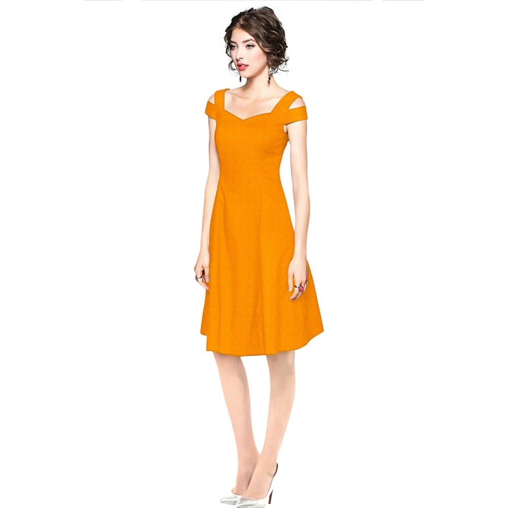 Indoraa Women's Polyester Solid V Neck Cap Sleeve off Shoulder Dress (Yellow)