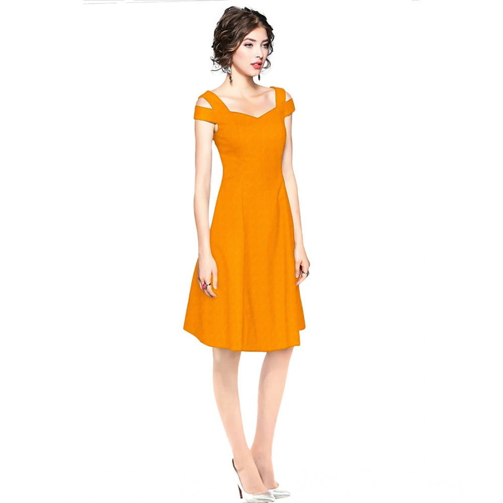 Indoraa Women's Polyester Solid V Neck Cap Sleeve off Shoulder Dress (Yellow)